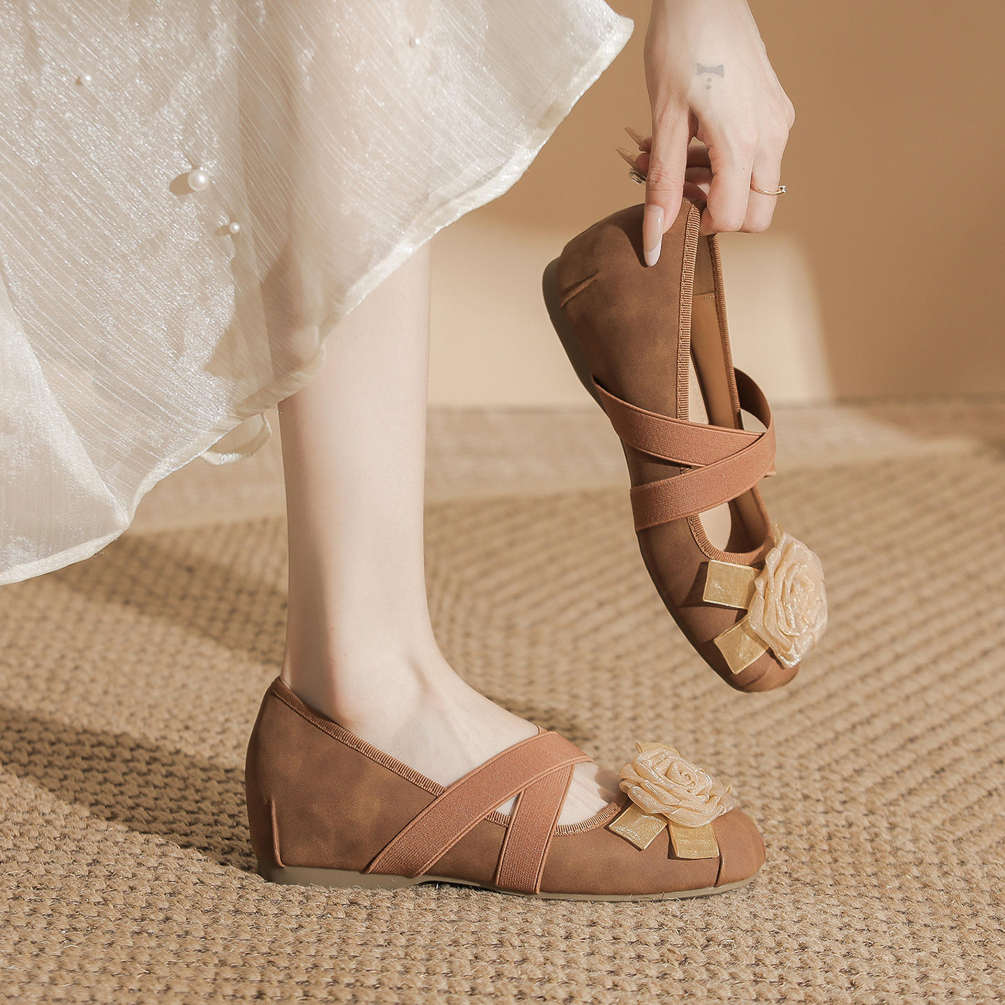 French Camellia Mary Jane Shoes for Women 2025 Summer New Cross Flat Hidden Wedge Ballet Pumps