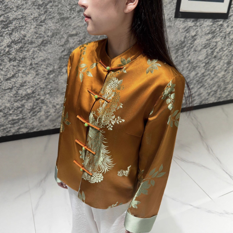 南油女装爆款新中式真丝老缎外套2025秋款时尚减龄立领上衣不退换|undefined