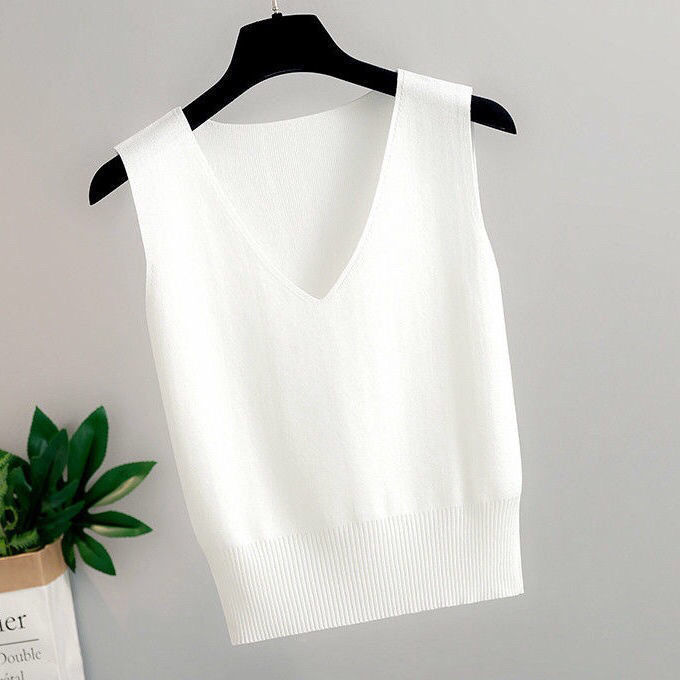 Ice silk camisole vest for women, V-neck knitted camisole, camisole, inner layer, waist-cinching short top, sexy and trendy on Instagram.