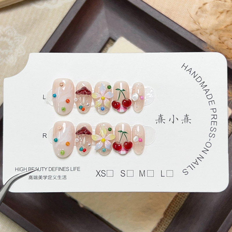 Xixiaoxi 【Childhood Fun】 Purely Handmade Wearable Nails, Cute Cartoon Nail Stickers, Cherry Blossoms, Childlike Fun