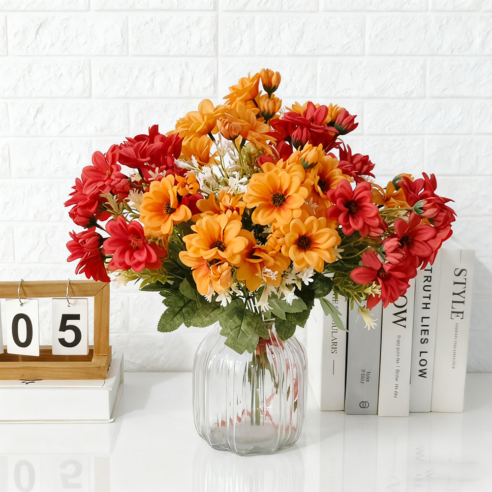 Simulación de crisantemo 6 flores de otoño flores falsas flores de seda pequeña decoración del hotel de bodas de la carretera de la flor daisy