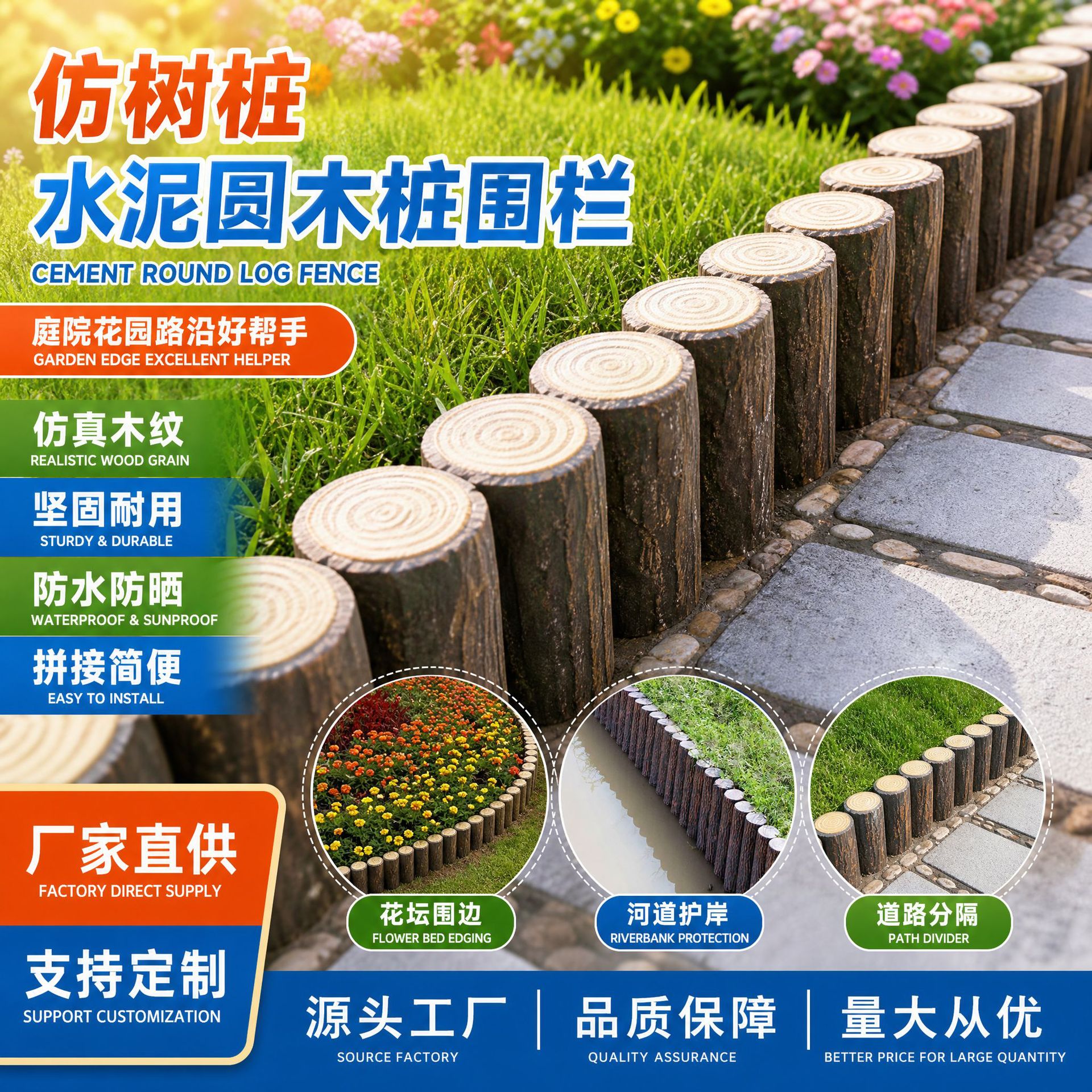 Courtyard Outdoor Small Fence Garden Roadside Cement Round Wooden Pile Fence Cylindrical Round Assembly Factory Home Courtyard Guardrail