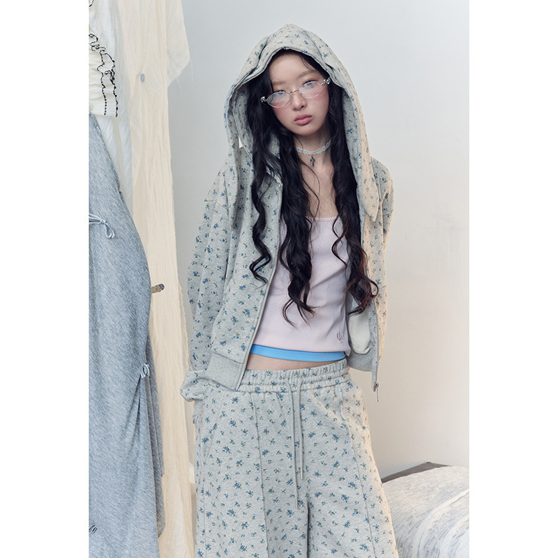 wholate Korean-style cream floral long bunny-ear hooded jacket, new autumn design jacket for men and women 26W80 wholate Korean-style cream floral long bunny-ear hooded jacket, new autumn design jacket for men and women 26W80