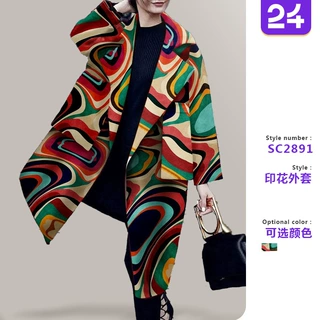 2027年秋冬新款 亚马逊独立站 时尚翻领数码印花长袖口袋外套大衣