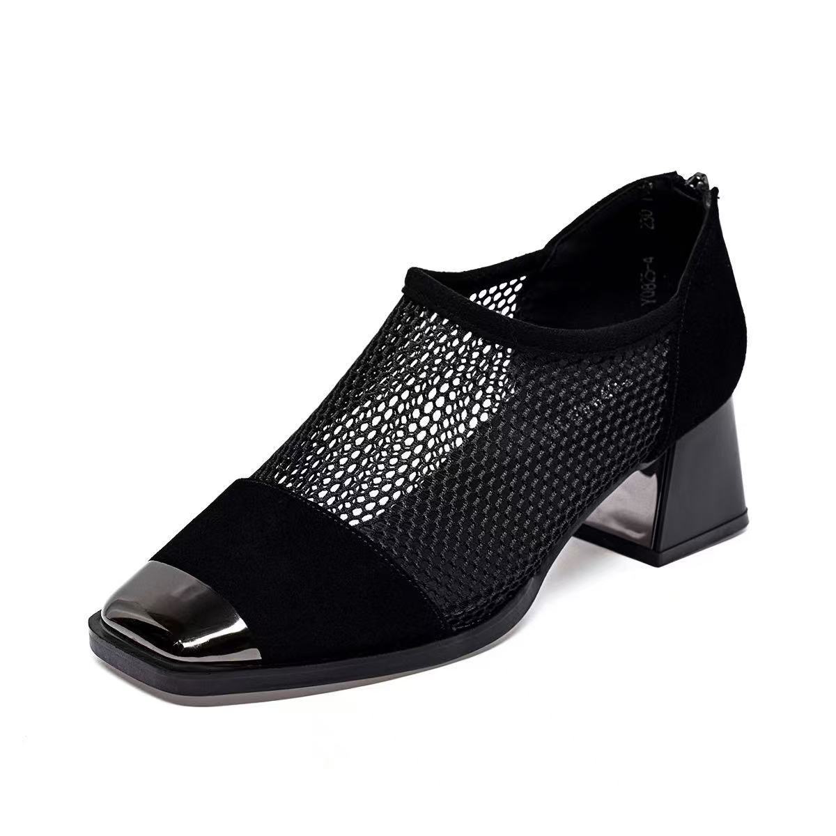 Zapatos de red mujer 2025 primavera y verano nuevo estilo hueco transpirable hierro Baotou sandalias estilo europeo y americano cabeza cuadrada tacón grueso zapatos de moda negros