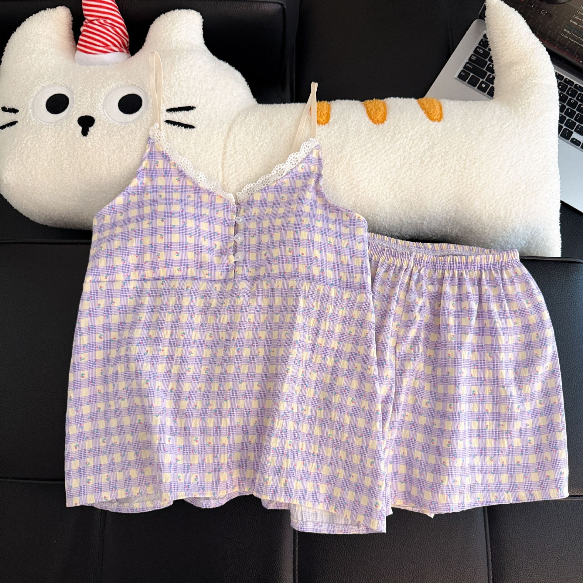 Pantalones cortos con cojín de pecho al por mayor transfronterizo pijamas de verano nuevo algodón nublado dulce conjunto de ropa de casa a cuadros