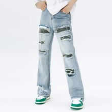 美式vibe风裤子膝盖破洞牛仔裤男设计感小众hiphop高街休闲乞丐裤