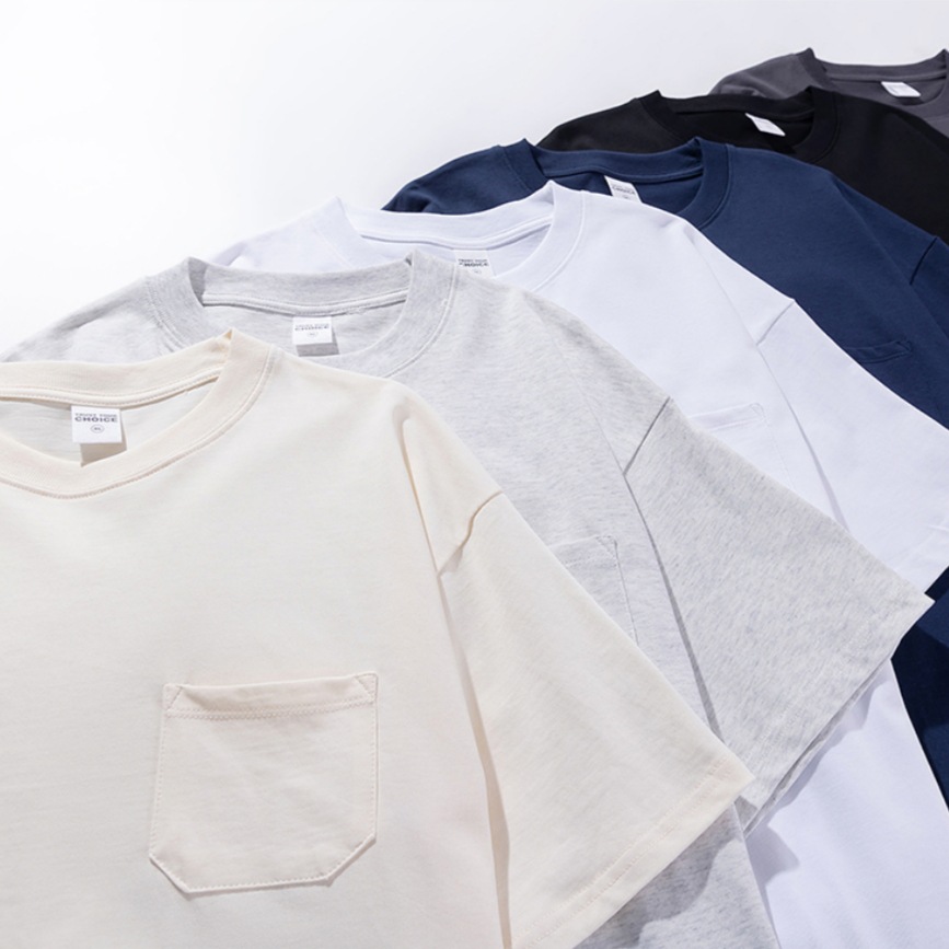 Japanese Retro 260g Heavyweight Double Yarn Combed Cotton Pocket T-Shirt Men's Summer Trendy Brand Round Neck Loose Solid Color Short Sleeve