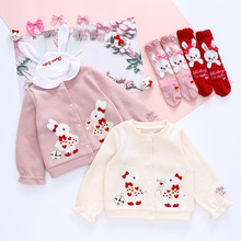 新款ST童装女宝公主风蝴蝶结小兔子刺绣针织衫长袖外套 代发