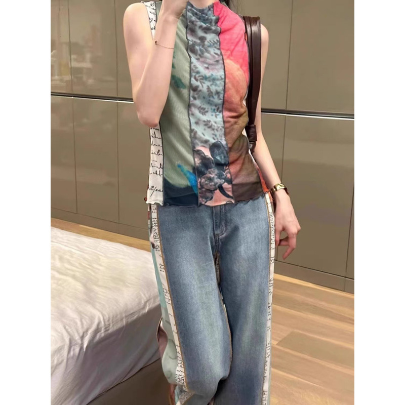 撞色网纱拼接背心T恤女夏季设计感辣妹修身显瘦无袖上衣|undefined