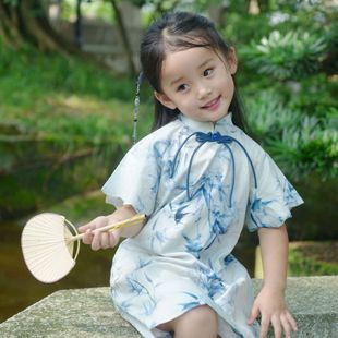 Dress Girls Summer 2025 New Loose Bamboo Leaf Print Dress Chinese Style Short-Sleeved Cheongsam Dress