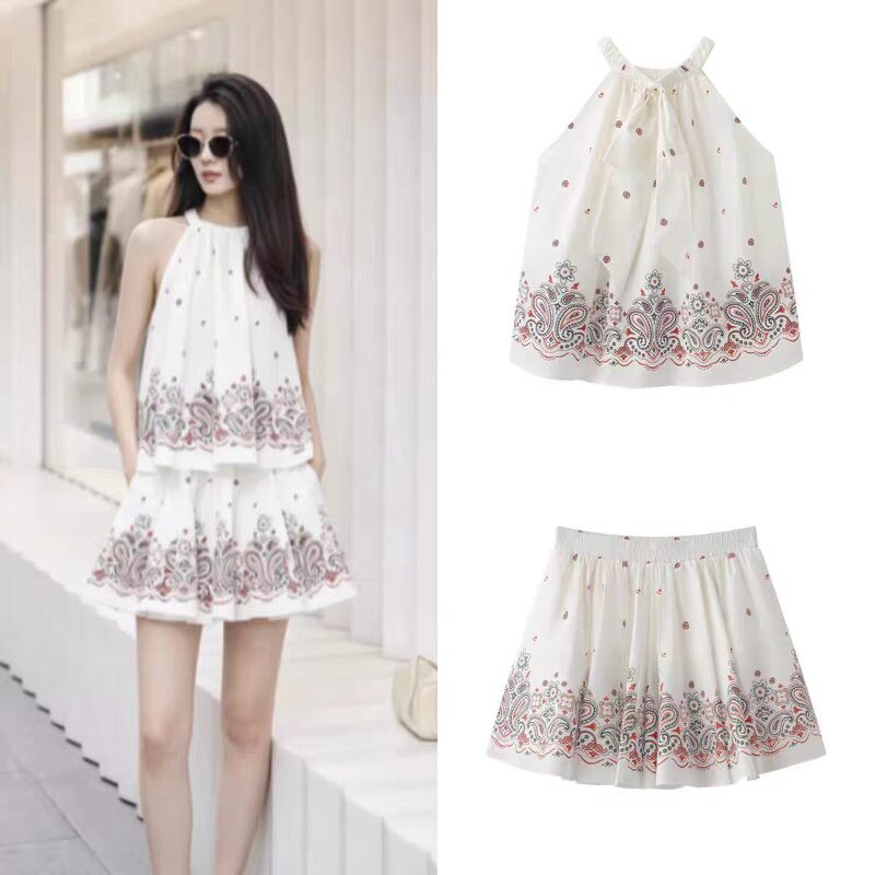 In Stock 2026 Summer New Sweet Paisley Print Halter Neck Tank Top Shirt 3K2Db33