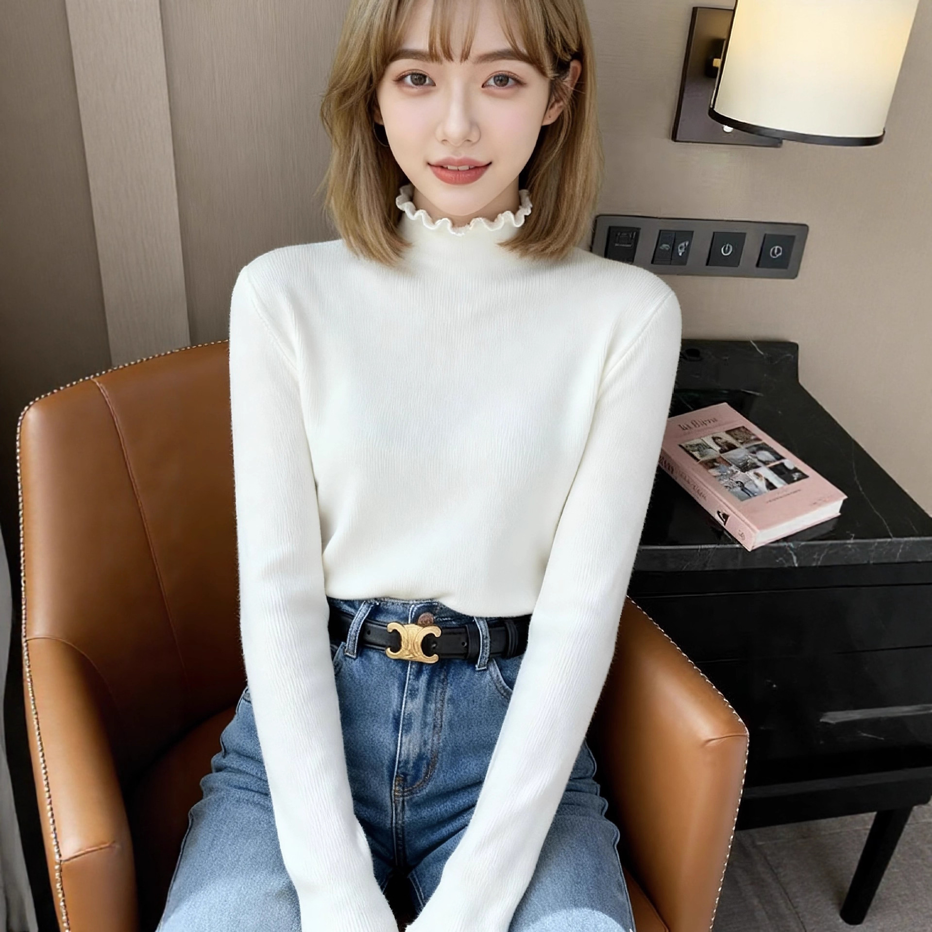 木耳边半高领长袖打底针织衫上衣秋冬内搭保暖加绒加厚纯色色毛衣