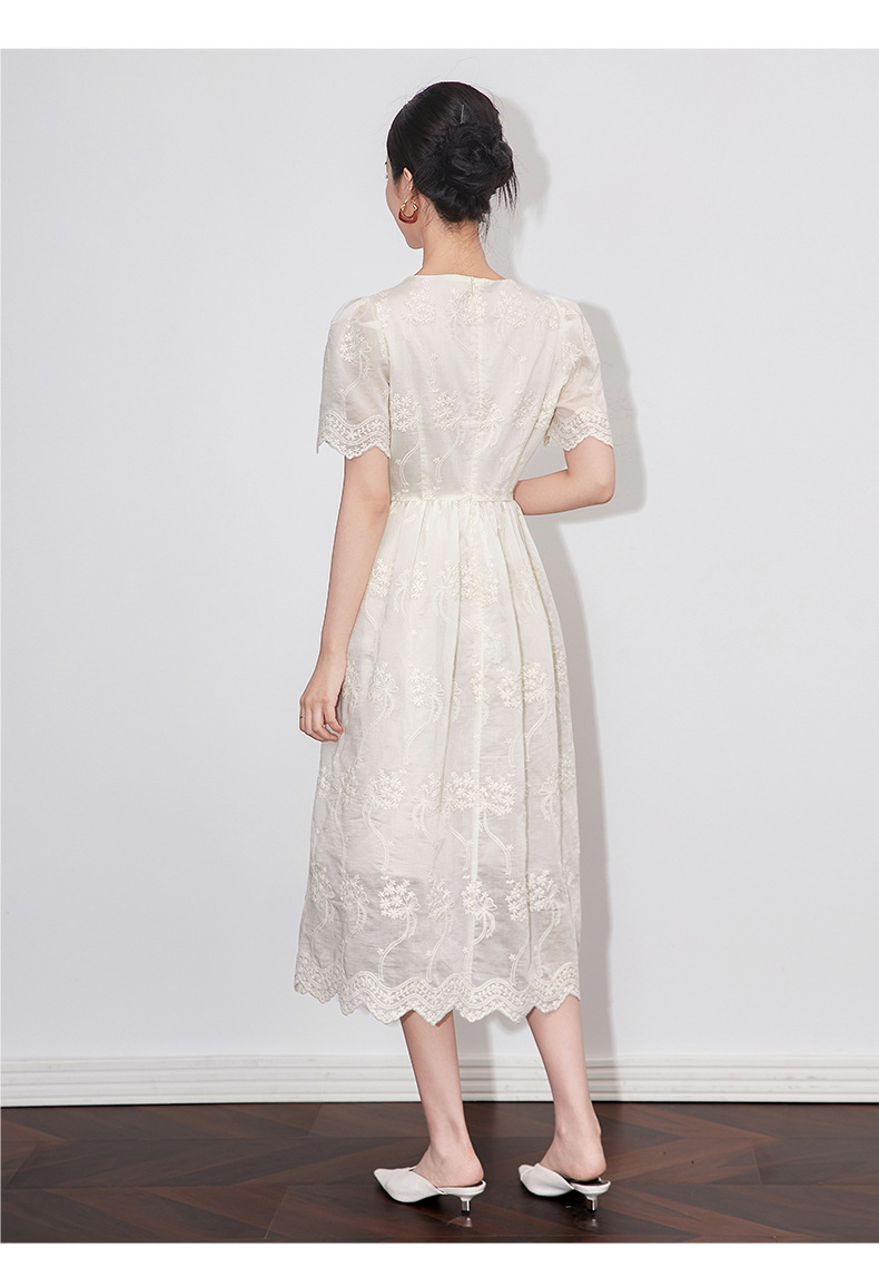 Đầm maxi nữ cổ chữ V thêu ren Tencel dáng dài mùa hè — Màu trắng chi tiết 9