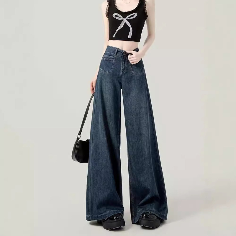 American Style Retro High Waist Belly Tucking Wide Leg Jeans Autumn Women's High-end Dipped Loose Tall Slimming Mop Pants