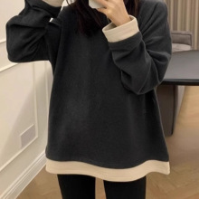 大码女装韩系拼接秋冬时尚德绒保暖加厚打底衫胖mm2-300斤上衣ins