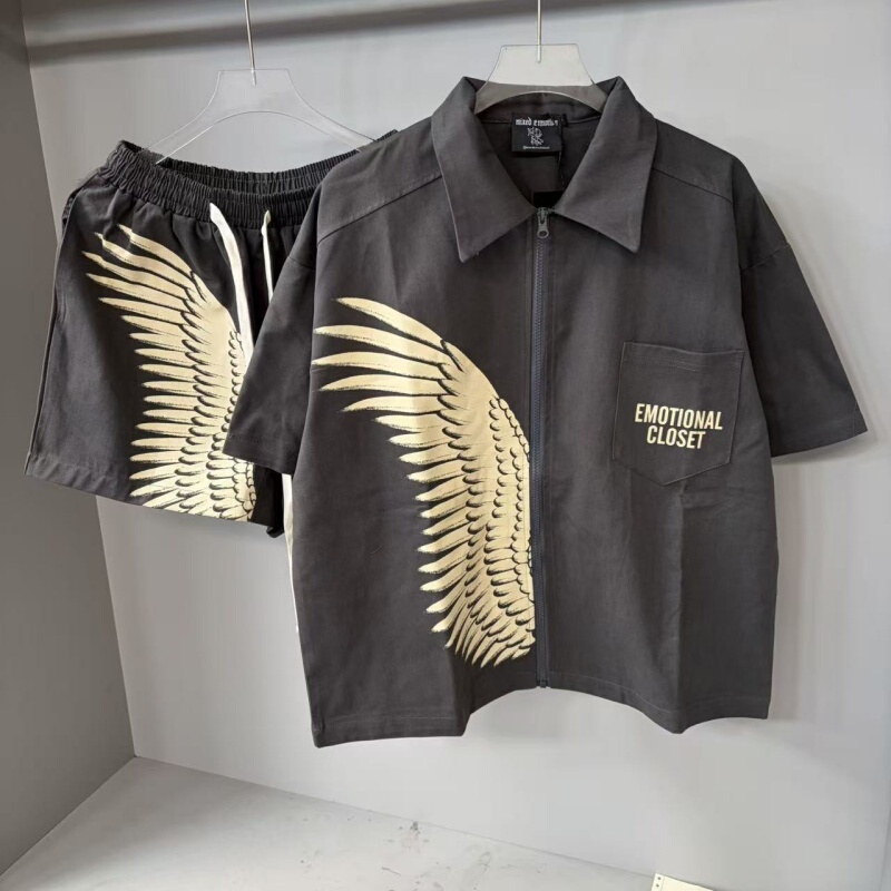 Cross-Border Fashion Mixed Emotion Rhinestone Embroidered Printed Short-Sleeve Shirt Casual Shorts Set Ins