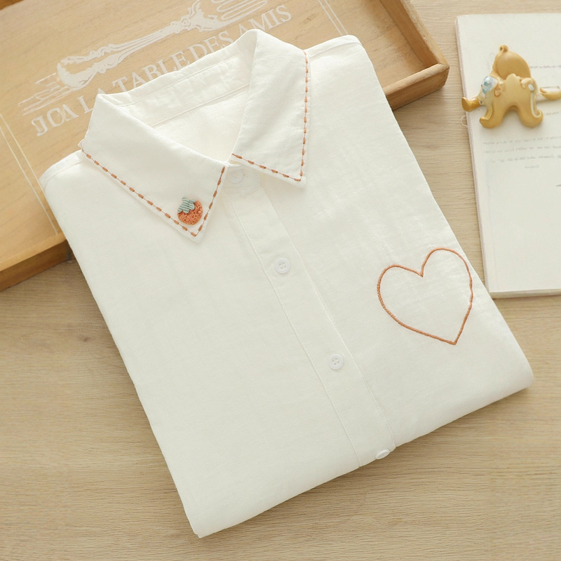 2025 Autumn Artistic Fresh Style Embroidered Heart 3D Strawberry Pure Cotton White Long Sleeve Women's Base Shirt