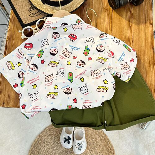 Summer refreshing and casual new 2024 children's shirt Crayon Shin-chan trendy and handsome printed short-sleeved boys' shirt