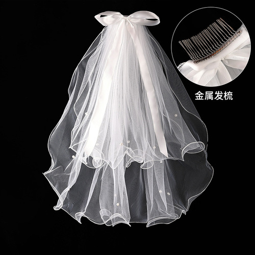 Bridal veil double-layered bow ceremonial curling nail pearl veil children's photo ribbon veil party event