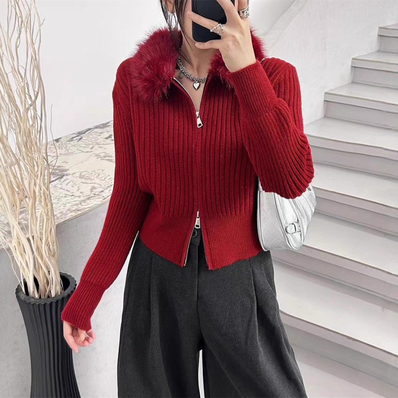 2025 New High-End Gentle and Elegant Slim-Fit Sweater Korean Style Best Friend Matching Style with Fur Collar and Double Zipper Knit Cardigan 2025 New High-End Gentle and Elegant Slim-Fit Sweater Korean Style Best Friend Matching Style with Fur Collar and Double Zipper Knit Cardigan