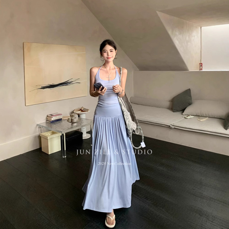 Suit Skirt for Women, Spring Vacation Style, Lazy Vibe, Long Skirt with a Large Hem, Half Skirt, Pure Desire Hollow-Out Camisole, Sleeveless Top