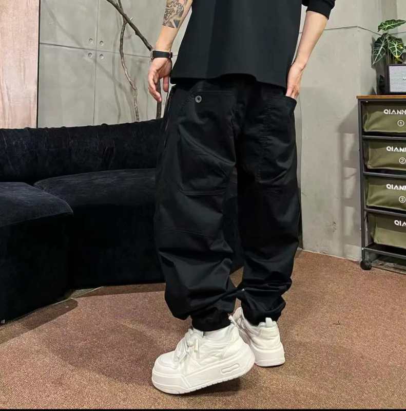 秋季新品高街时尚弯刀多口袋拼接线条抽绳阔腿宽松男士休闲长裤|undefined