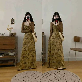 秋季新款法式复古水墨印花显瘦吊带连衣裙气质淑女显瘦长裙