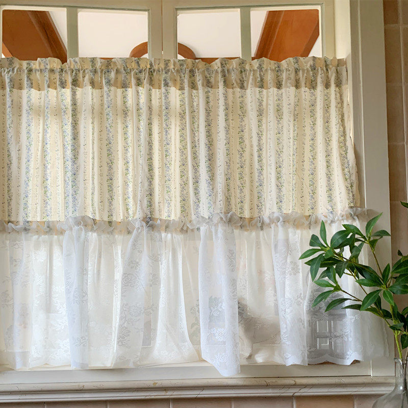 Cream-style cotton-linen small floral curtains, light-transmitting but not see-through, integrated gauze, no drilling required, for bay windows, balconies, and kitchen partitioning