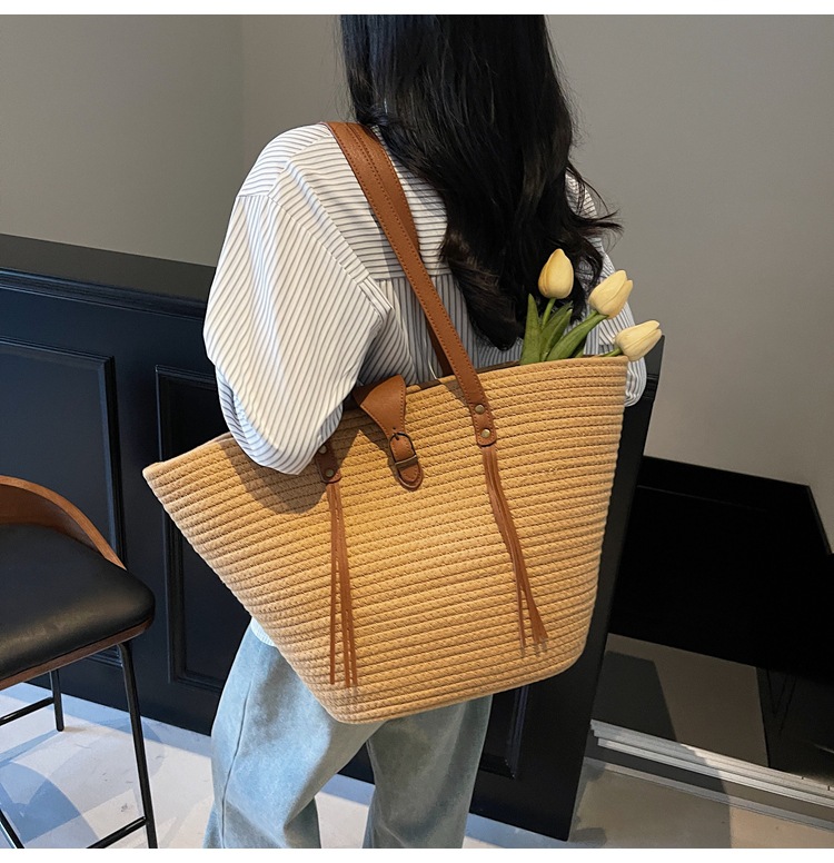 1125g Weight Weave Fashion Element Lock clasp Closure Type Double Shoulder Straps Strap Type Straw Bag Bags Type Casual Occasion cotton rope Material Solid Color Pattern Spring&Summer Season Women's Gender Beach Style Bucket Shape Large Size Women's Large Cotton Rope Solid Color Beach Weave Bucket Lock Clasp Straw Bag 7
