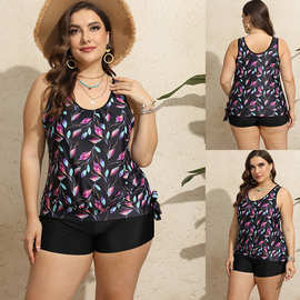 【欧美大码泳衣女】时尚保守遮肚分体印花平角裤式海滩户外比基尼