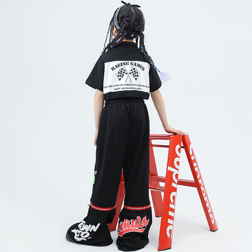 Jazz dance clothing for girls, motorcycle style short sleeve set training pants, trumpet pants for children, jazz performance fashion summer outfit