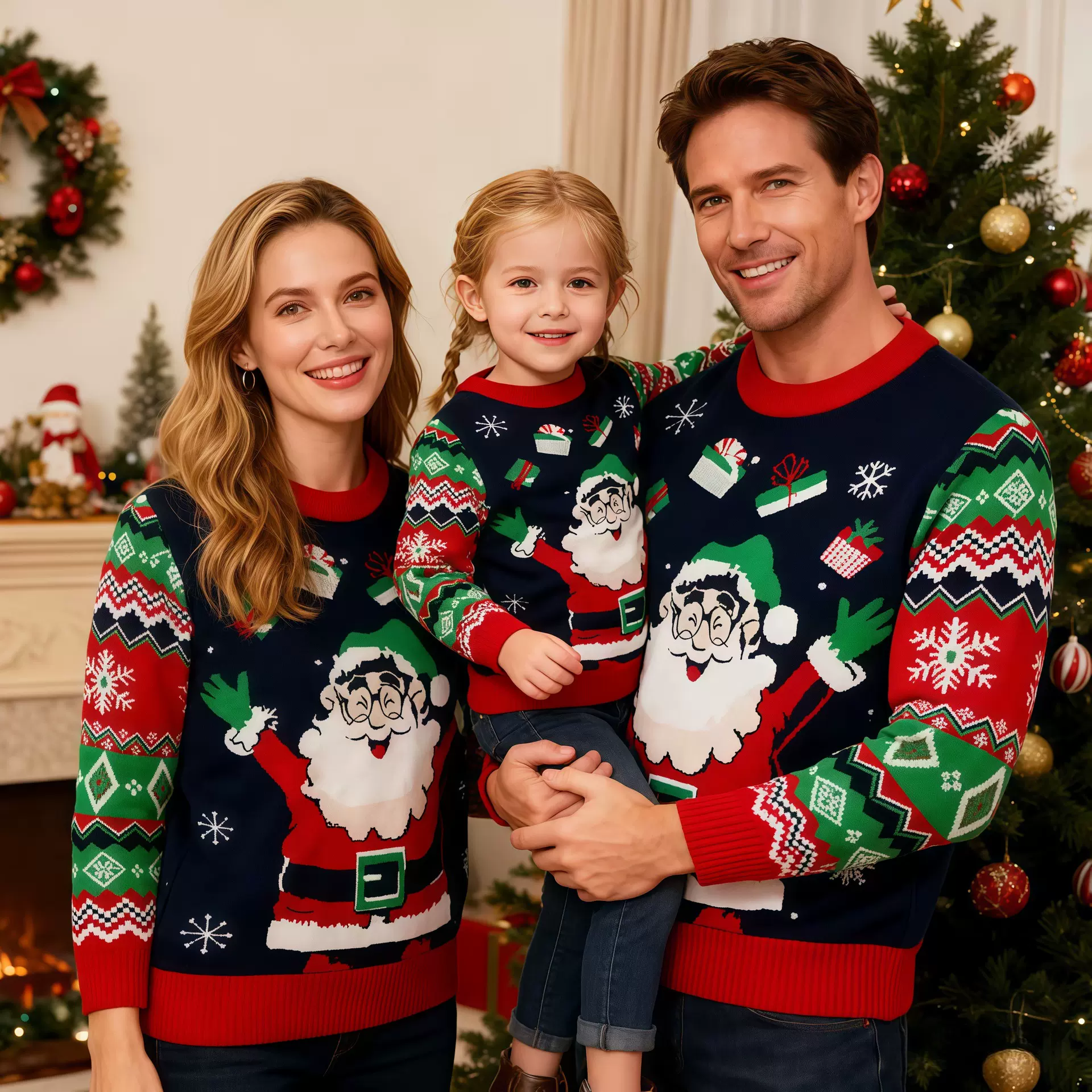 亚马逊wish新款秋冬欧美儿童圣诞节套头毛衣亲子装母子家庭针织衫