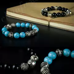 End crotch heart trend cruciferous round beads eight beads obsidian turquoise silver plated bracelet lovers same style