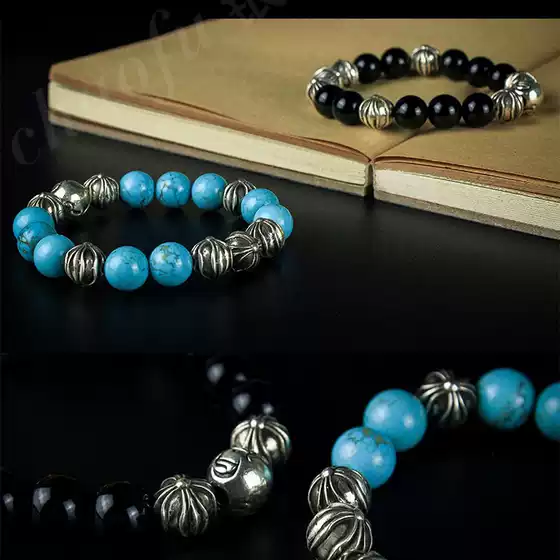 End crotch heart trend cruciferous round beads eight beads obsidian turquoise silver plated bracelet lovers same style
