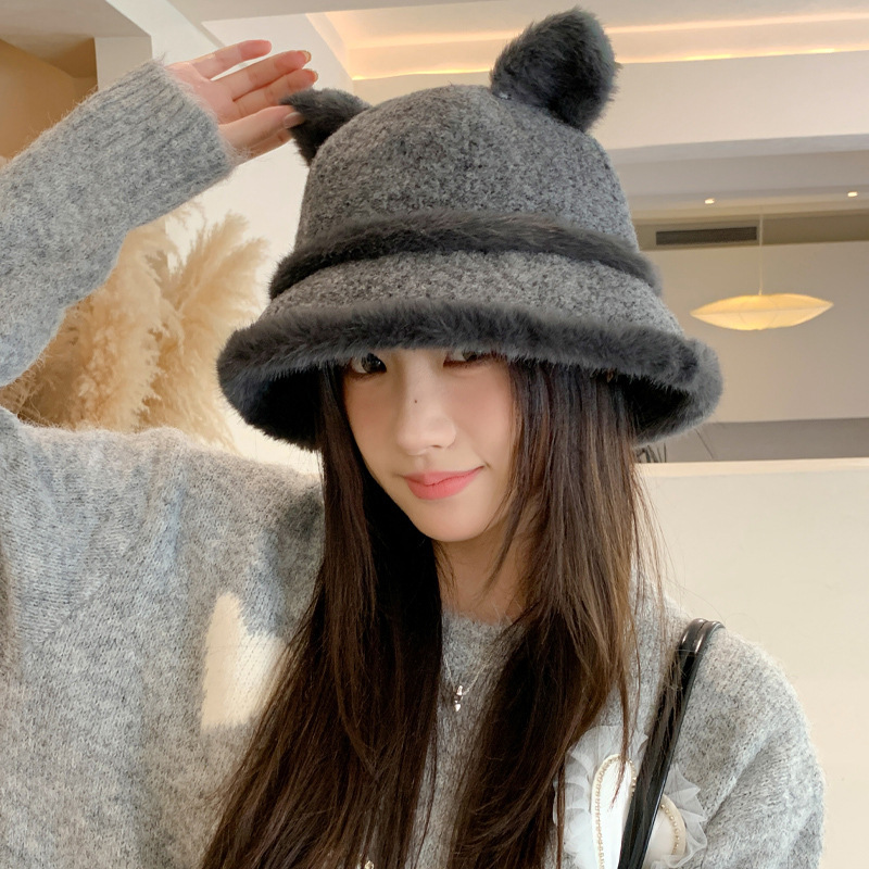 冬季新款帽子女日系可爱小熊盆帽毛线百搭渔夫帽护耳保暖一体帽潮|undefined