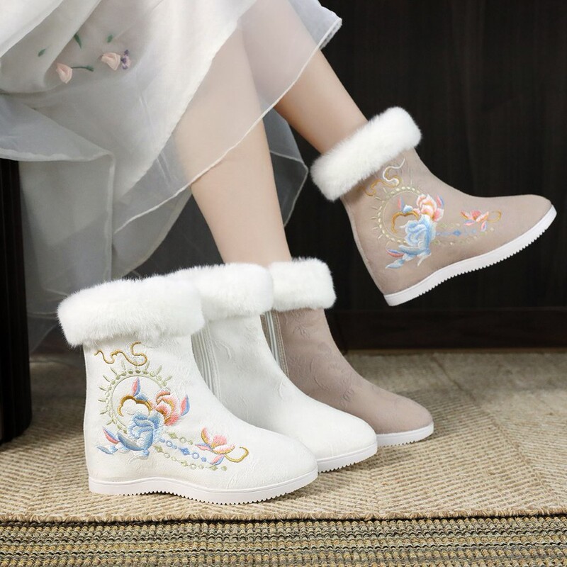 Shiqi winter Hanfu boots fleece-lined warm vintage embroidered cotton boots ethnic style ancient style mid-calf snow boots for women