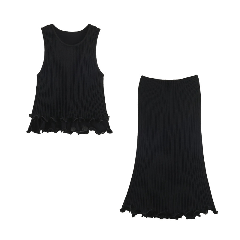 European and American style early autumn new women's clothing sleeveless round-neck black double-layer knitted vest top casual skirt set