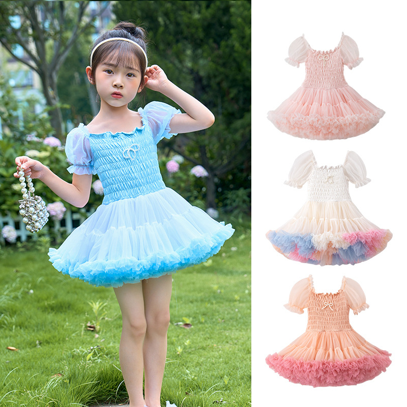 Princess Dress Spring New Style Girls' Puff Sleeve Tutu Dress Mesh Short-Sleeved Tutu Dress Kidsren's Day Performance Clothing