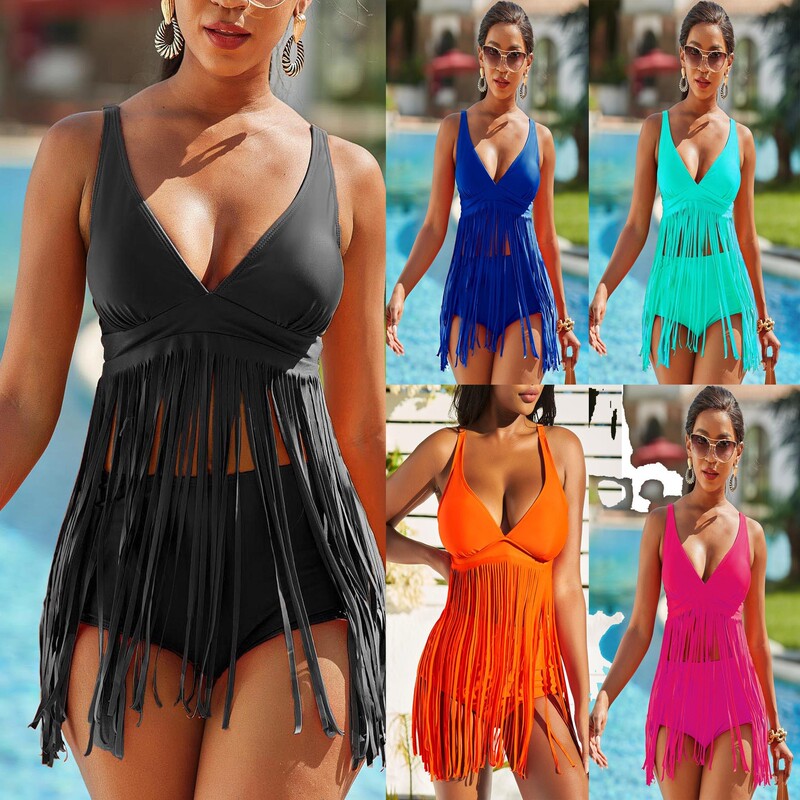 European and American Cross-border New Women's Split Swimsuit Solid Color Plus Fat plus size Tassel Sexy Bikini Swimsuit Bikini