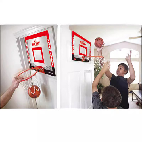 Large-sized, 7-number ball compatible; indoor, portable iron-frame basketball hoop with slam-dunk capability and door-mounting feature.