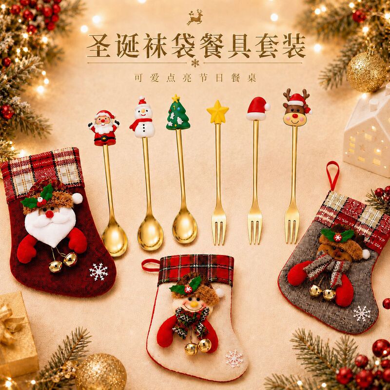 Cross-Border Creative Sock Bag Spoon and Fork Stainless Steel Cartoon Christmas Spoon Fruit Dessert Fork Coffee Spoon Children's Gift Set