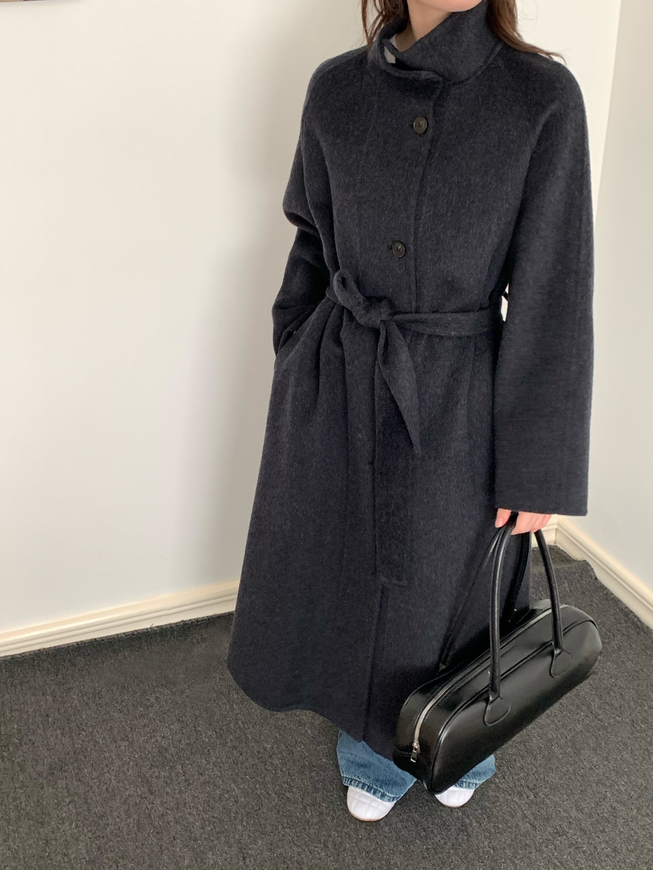 韓国風スタンドカラー新年コート レディース 両面カシミヤウール 25秋冬新作 シングルボタン ロング丈ウールコート レディース