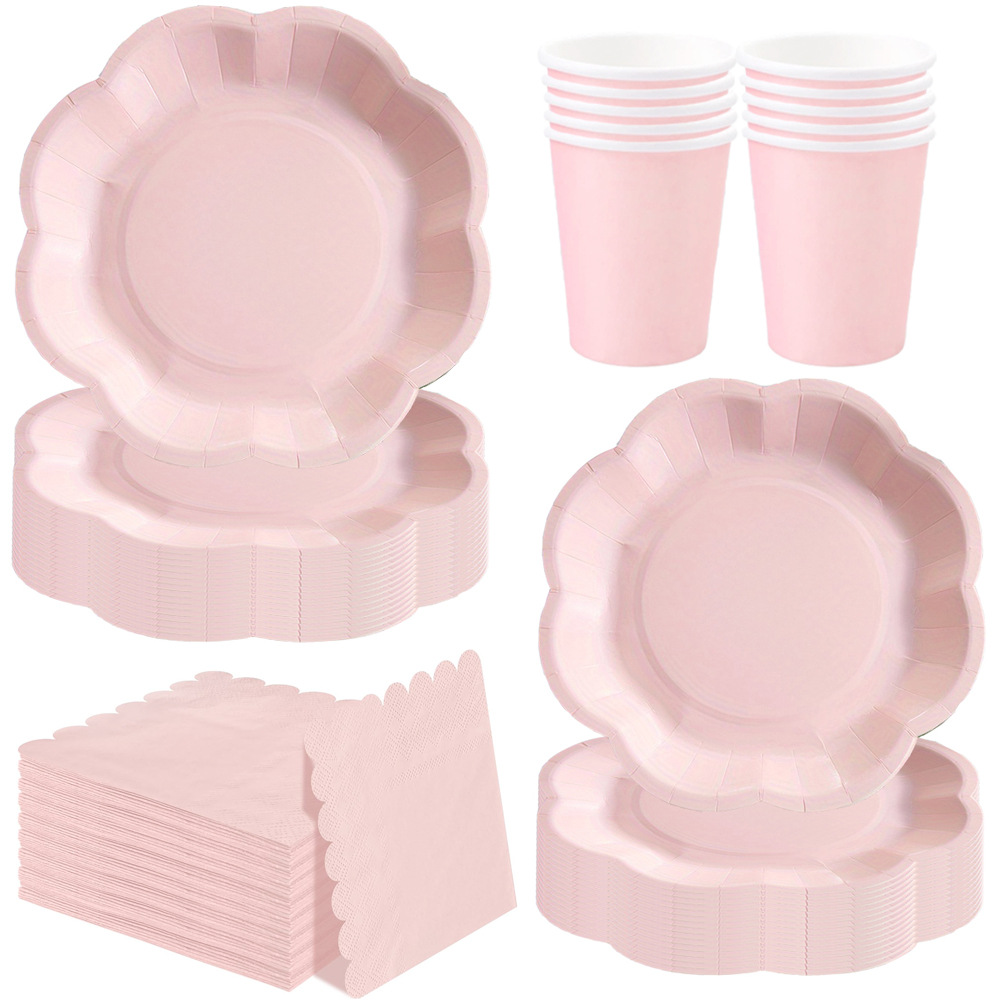 Cross-border macaron-colored wavy edge party tableware disposable paper plates, paper cups, and paper napkin set for birthday decoration