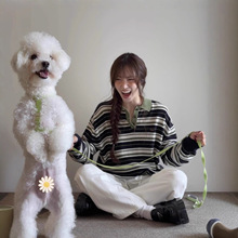 25现货韩国东大门秋冬新款显瘦polo领条纹宽松羊毛毛衣上衣女