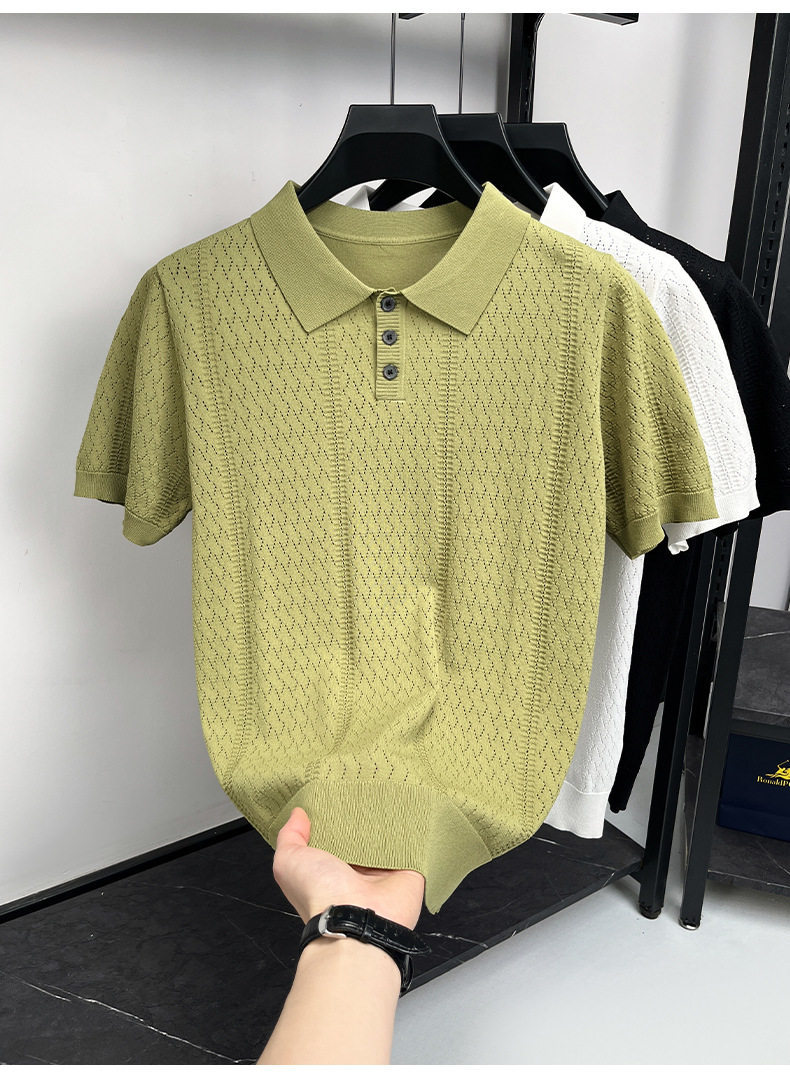 Men's Summer Cool Hollow Out Design Polo Shirt Luxury Style Elegant Retro Short Sleeve T-Shirt For Casual Wear_viptrois.com