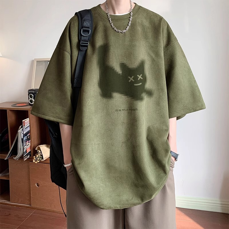 Suede Kitten Burned Flower Short-sleeved T-shirt Men's 2025 New Heavy Shirt Casual Loose plus size Half Sleeve