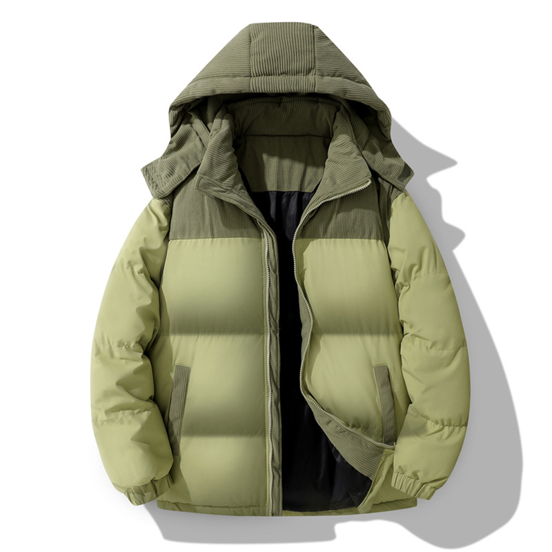 Men's Corduroy Puffer Jacket – Winter-Ready Colorblock Hooded Coat (Polyester-Filled, Detachable Hood, 3 Colors)_voghion.com
