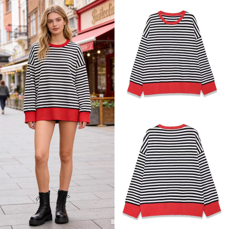 Za Foreign Trade Cross-Border Wholesale European and American Style Women's Clothing Autumn Fashion Loose Large Striped Round Neck Long Sleeve Za Foreign Trade Cross-Border Wholesale European and American Style Women's Clothing Autumn Fashion Loose Large Striped Round Neck Long Sleeve