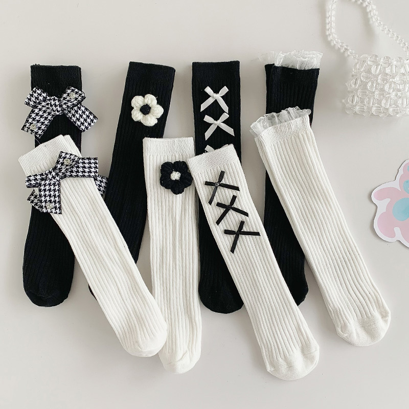 girl Medium hose Korean Edition Small fragrant wind houndstooth bow princess ins Western style Lolita Calf socks